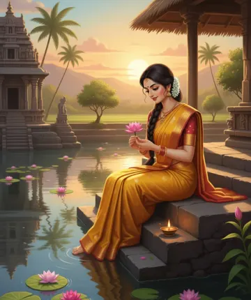 traditional-indian-woman-lotus-temple-pond-sunrise
