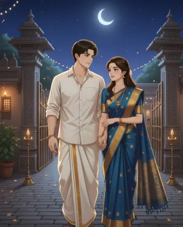 indian-couple-traditional-attire-night-temple-gate