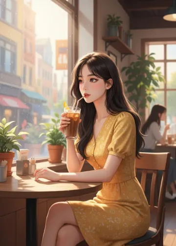 casual-cafe-woman-yellow-dress-iced-tea