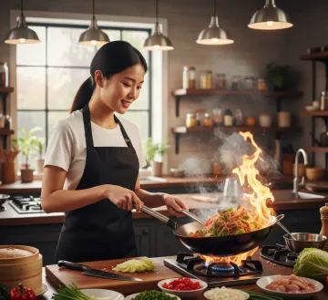 asian-woman-stir-frying-wok-kitchen-flames
