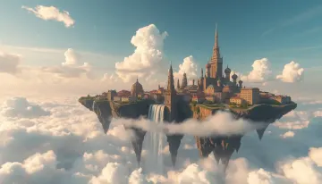 City in sky with waterfalls