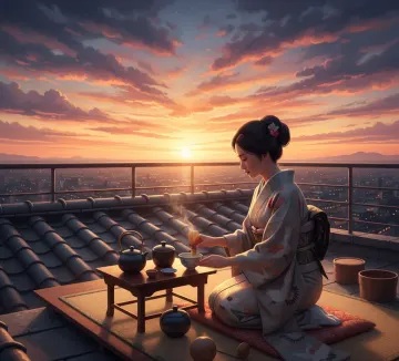 japanese_tea_ceremony_sunset_cityscape_rooftop