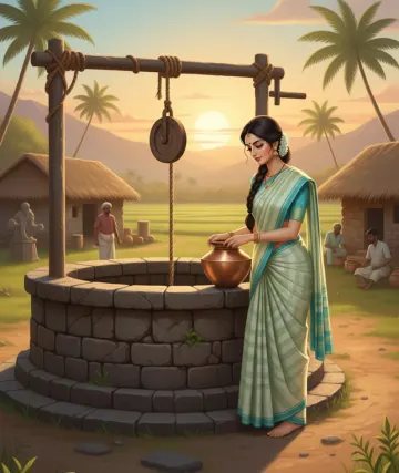 Indian_Village_Woman_Well_Sunset