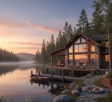 luxury-lake-cabin-sunset-dock-firepit