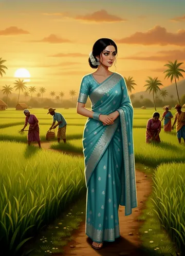 Indian-Woman-Saree-Paddy-Field-Sunset-Art