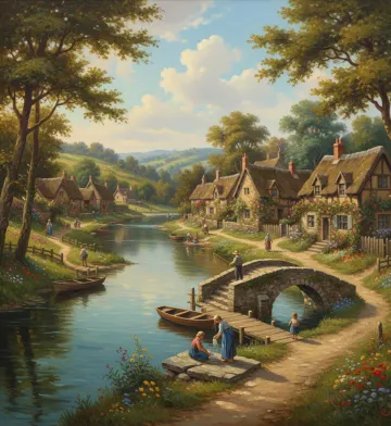 english-cottage-village-river-landscape-painting