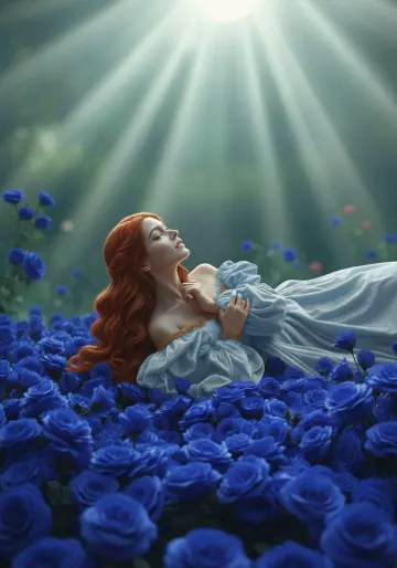 Red-Haired-Woman-Blue-Roses-Sunlight