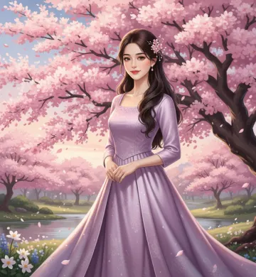 elegant-woman-lavender-dress-cherry-blossom-garden