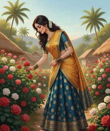 Woman-Sari-Rose-Garden-Village