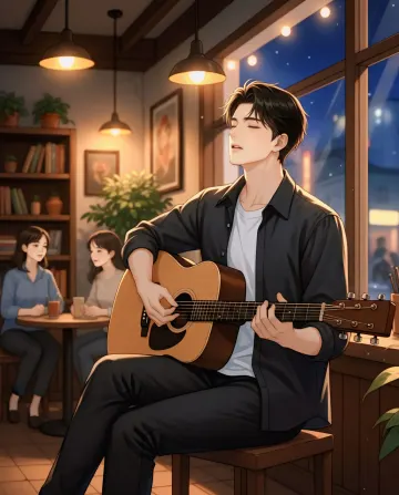 man-playing-acoustic-guitar-cafe-night