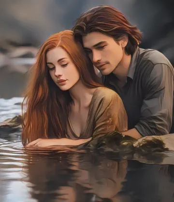 romantic-couple-embrace-water-reflection