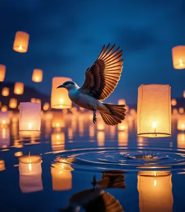 Bird-Flying-Floating-Lanterns-Water-Night-Sky