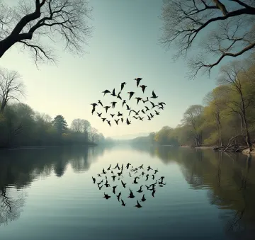 Birds-Murmuration-Reflection-Tranquil-Lake-Forest