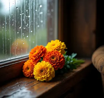 vibrant-marigold-flowers-window-rainy-day