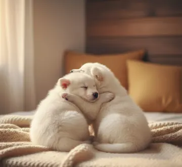 Cuddling-White-Puppies-Sleeping-on-Blanket