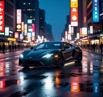 black-sports-car-rainy-city-street-night