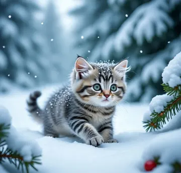 cute-tabby-kitten-snow-winter-forest