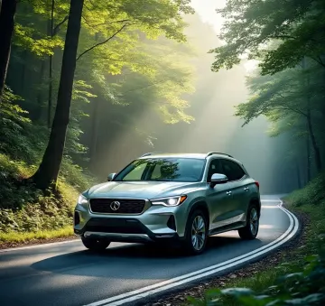 silver-suv-driving-forest-road-sunlight