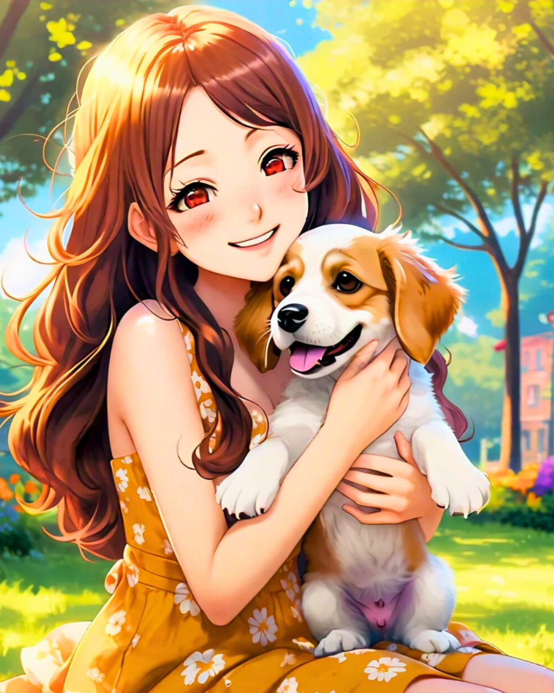 anime-girl-brown-hair-yellow-dress-holding-happy-puppy-park.