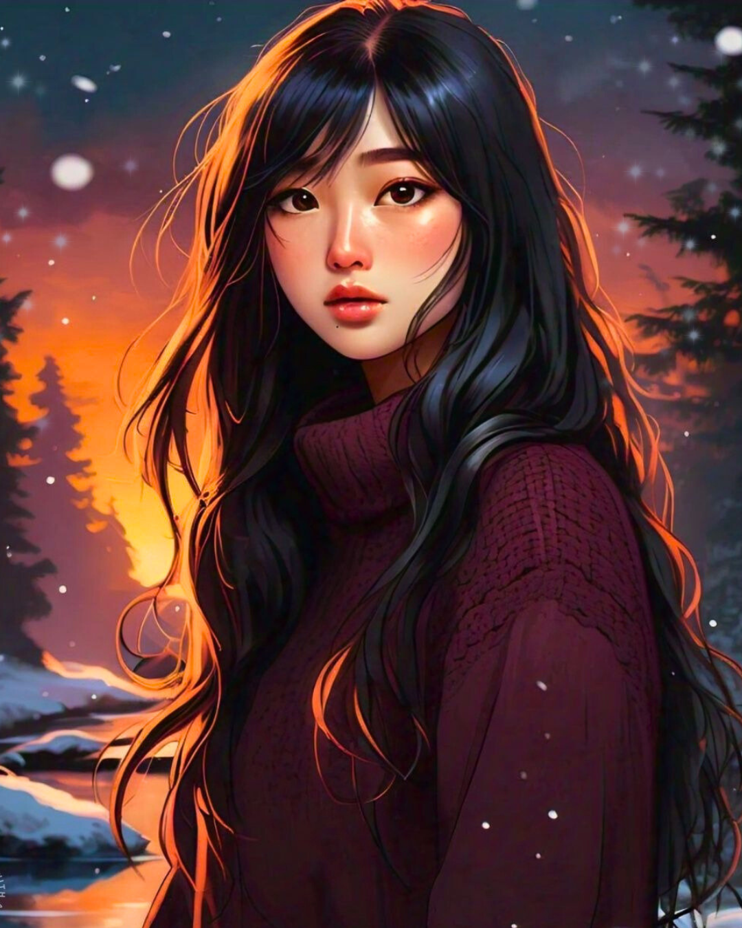 asian-woman-winter-portrait-sunset-snow