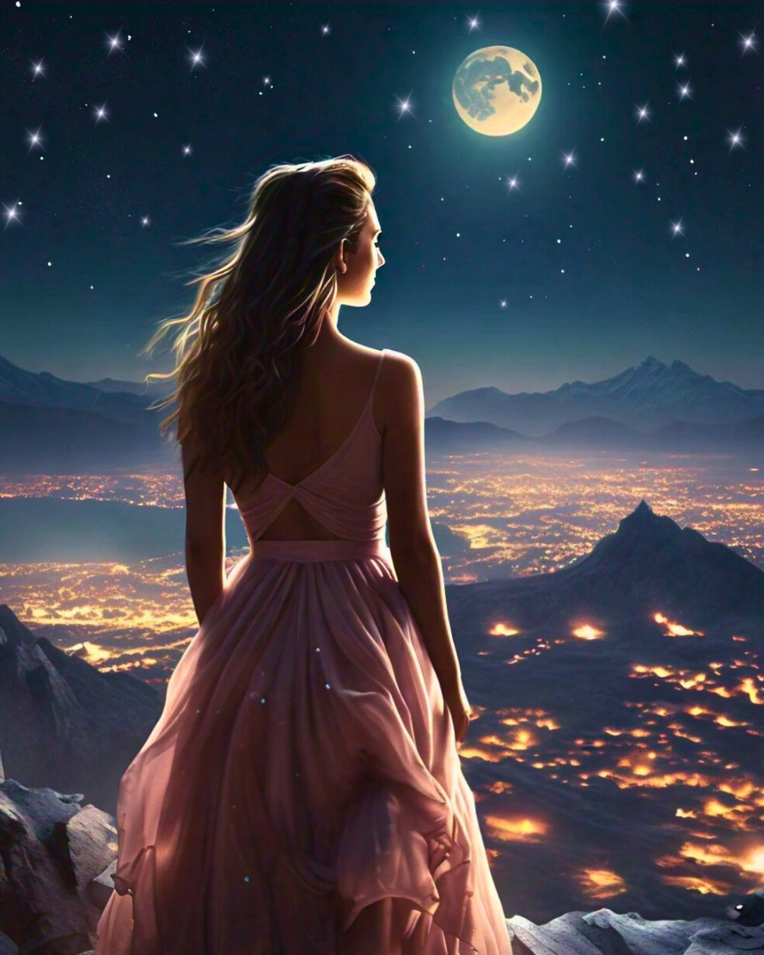woman-pink-dress-moonlight-city-lights-night-view.