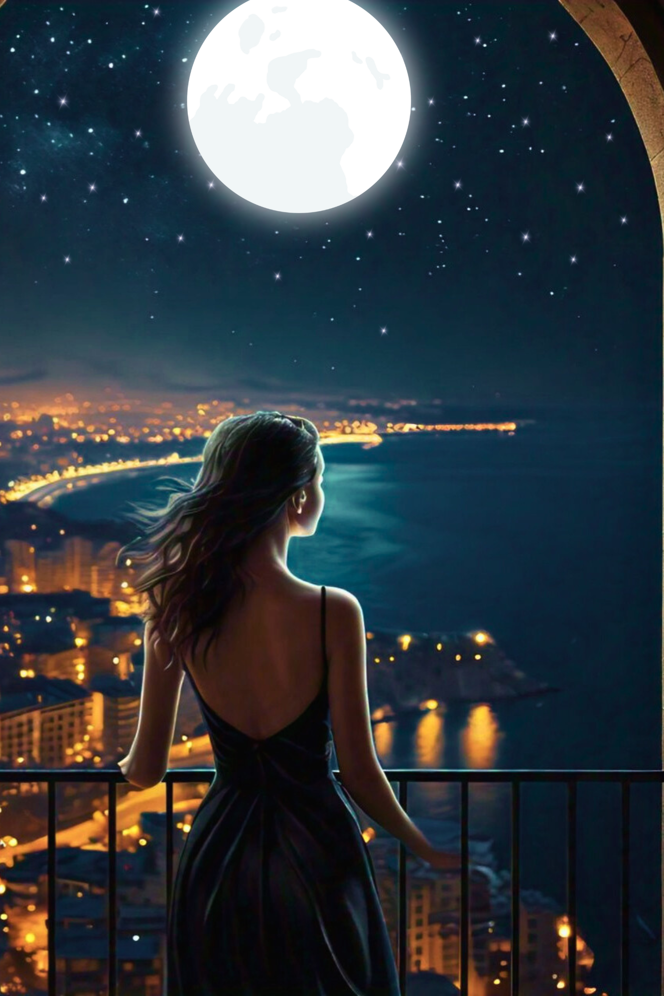 woman-balcony-city-moonlight-night-view