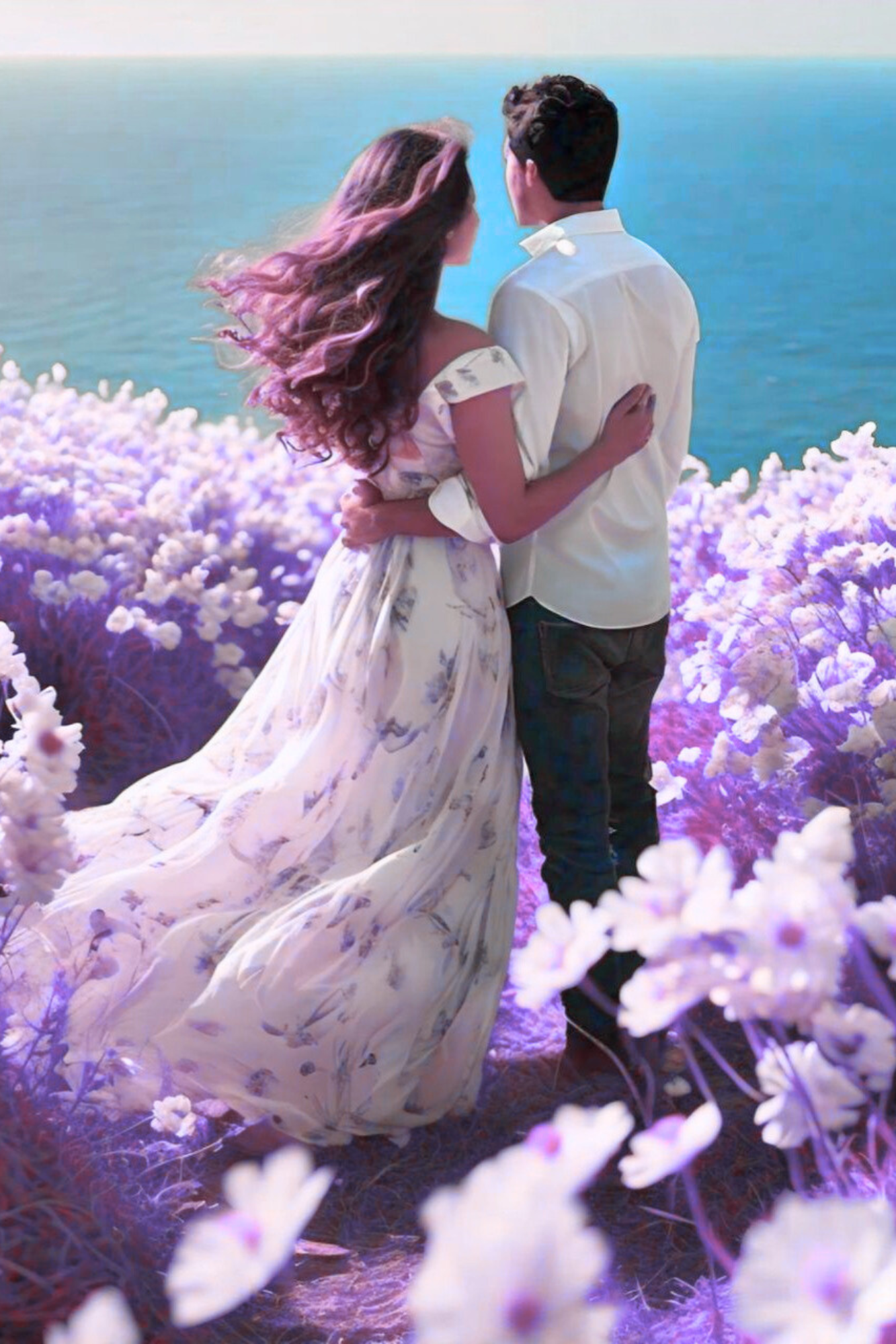 romantic-couple-purple-field-ocean-view