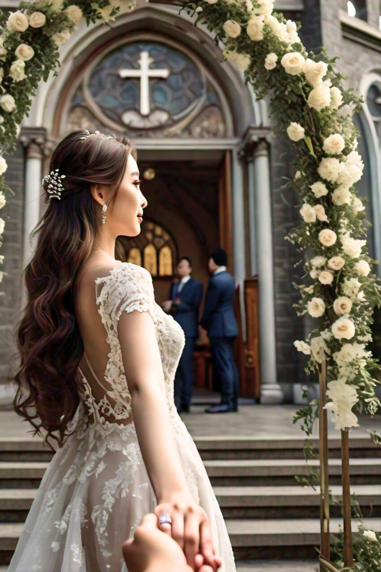 elegant-bride-walking-to-church-wedding-portrait