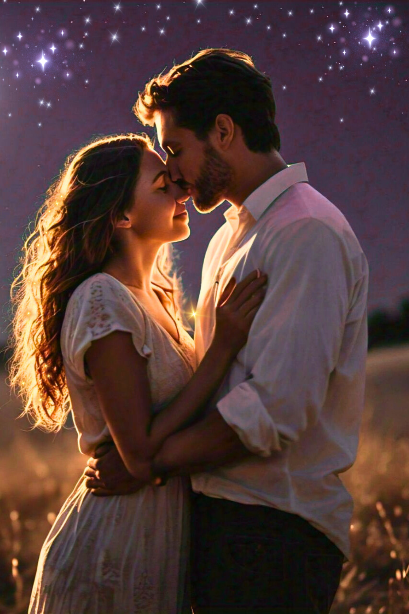 man-woman-embracing-golden-hour-night-sky-love