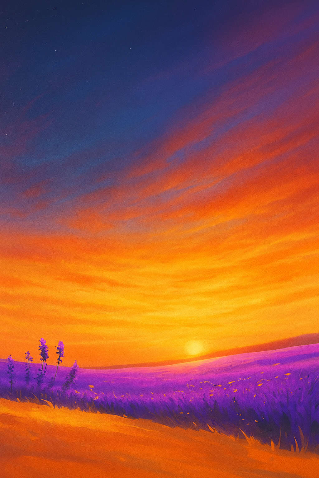 Lavender Sunset Field Wallpaper – Golden Sky & Purple Flowers