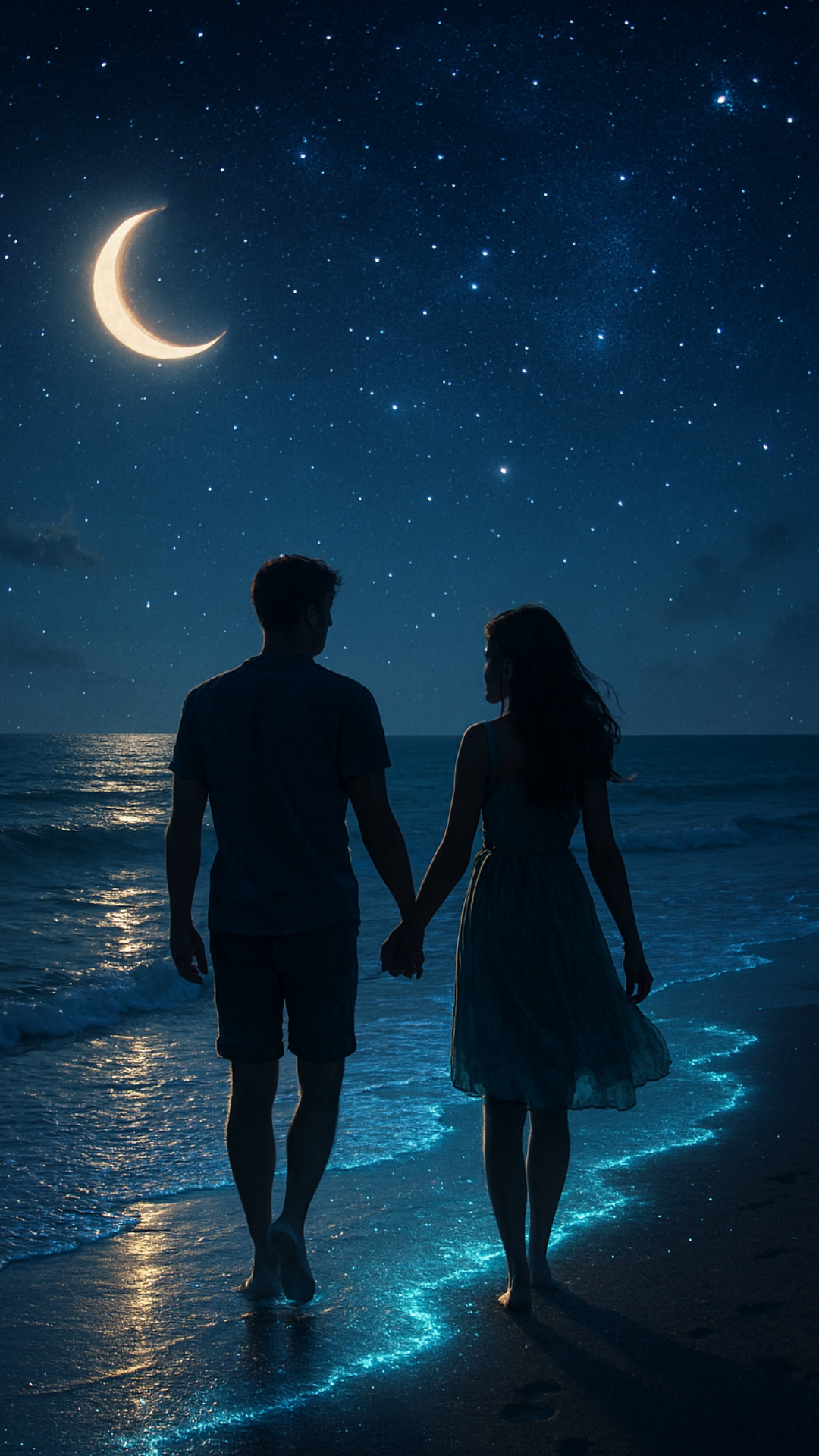 Romantic Night Walk on the Beach – Couple Under Starry Sky & Crescent Moon