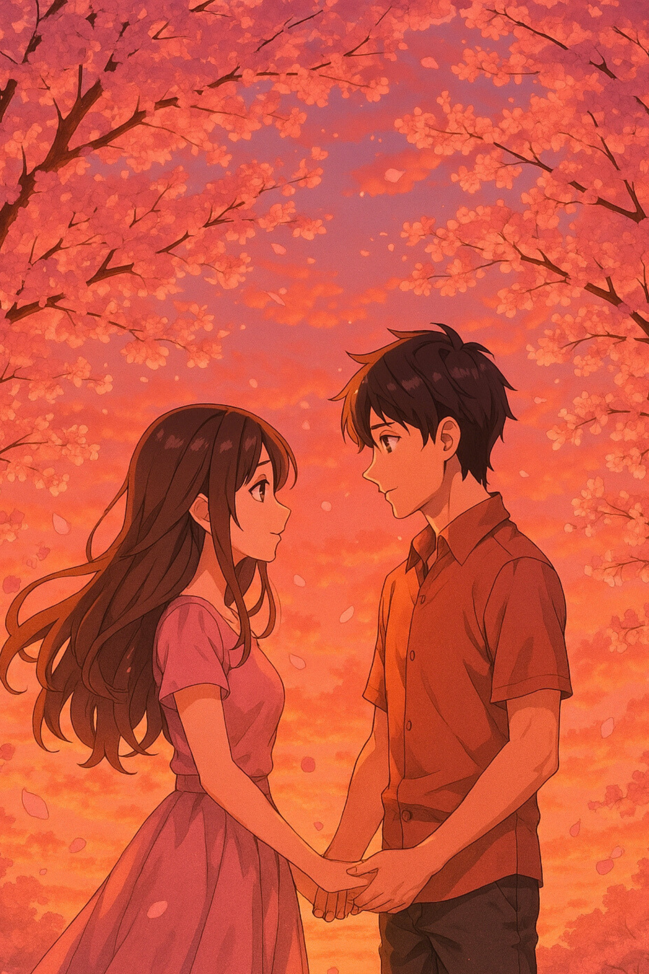 Romantic Anime Couple Under Cherry Blossom Sunset