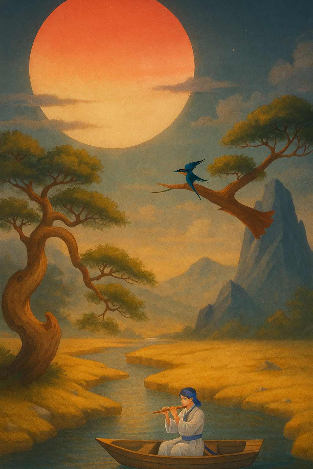 "Serene Sunset Boat Ride with Flute Music – Peaceful Nature Art"