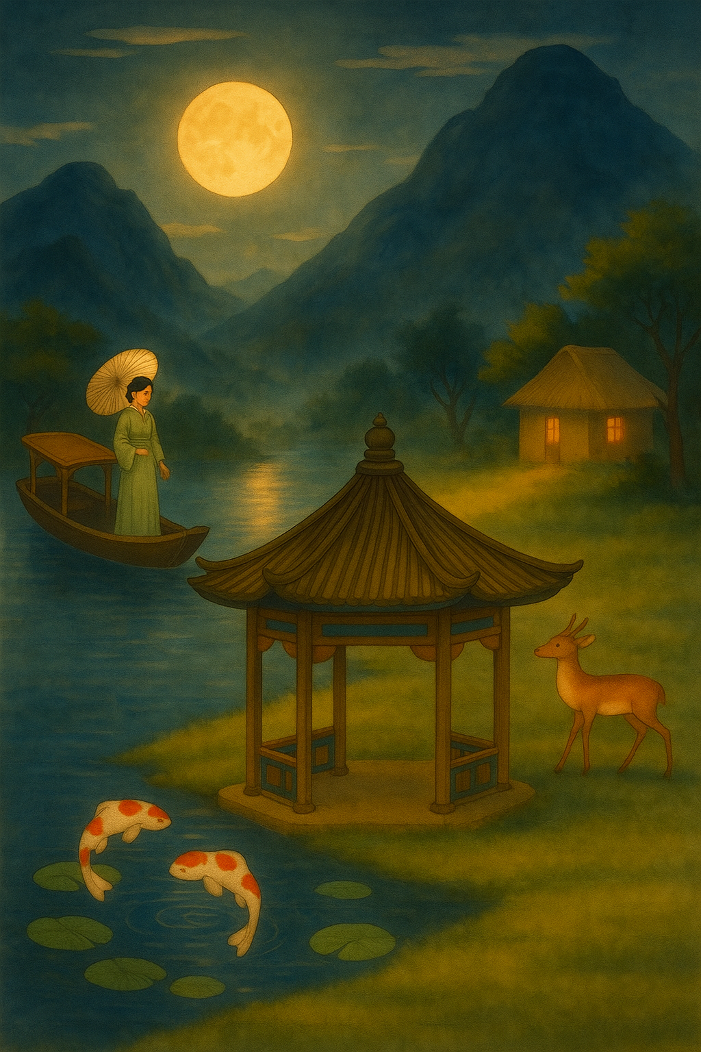"Serene Moonlit Japanese Garden with Koi Fish, Deer, and Traditional Pavilion"