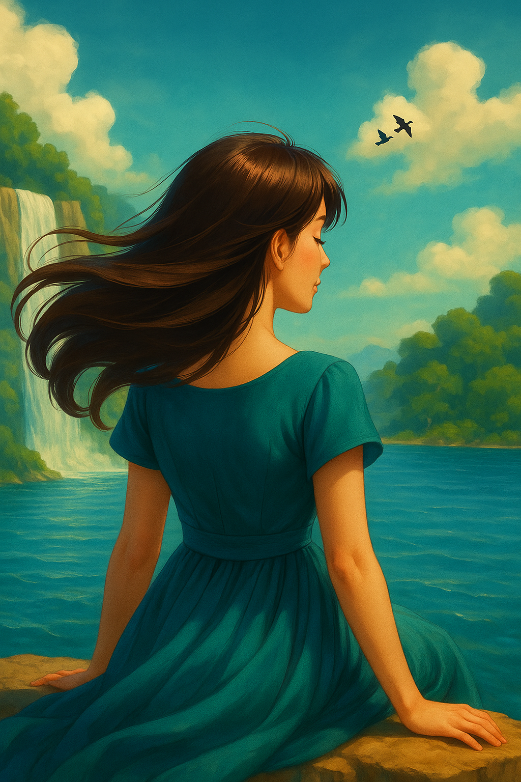 "Peaceful Girl by the Waterfall Under Blue Sky"