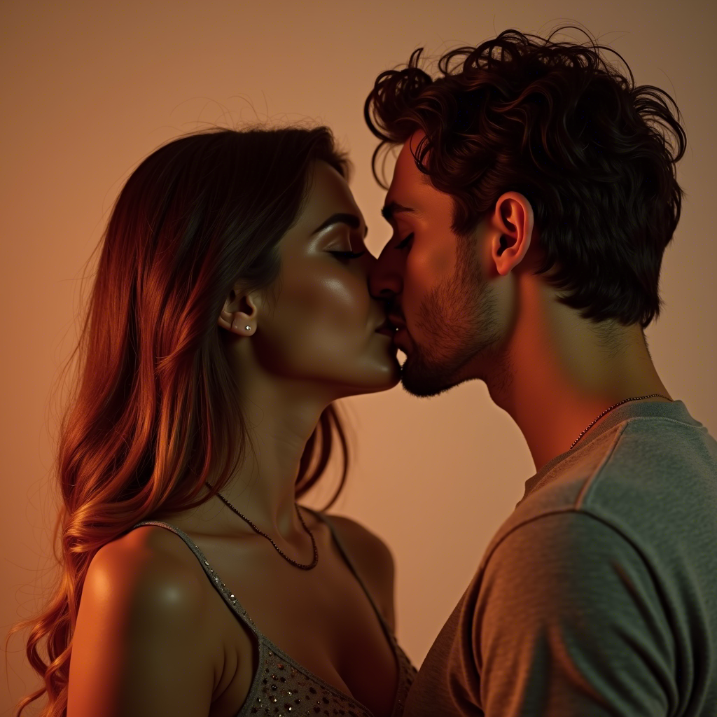 Woman Kisses Her Partner in Studio Portrait