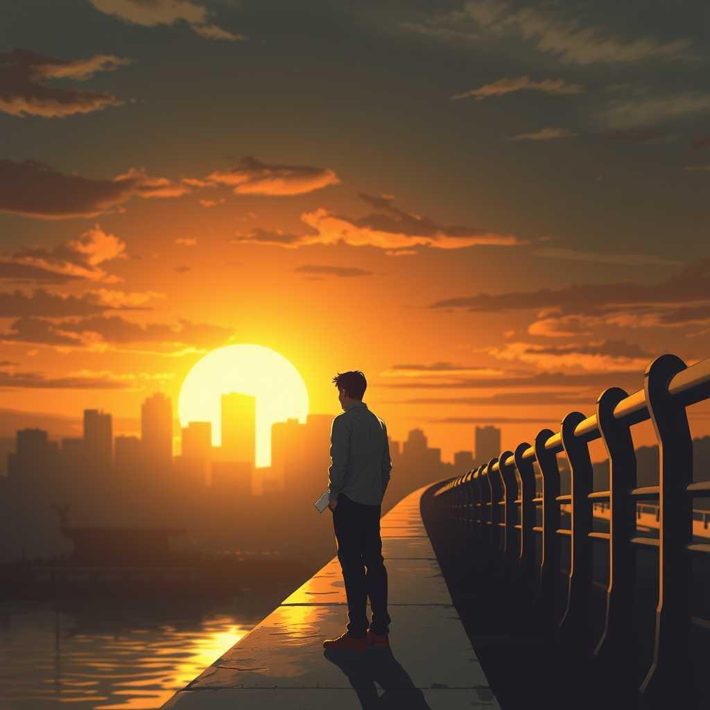 Man Watching Sunset Over City Skyline