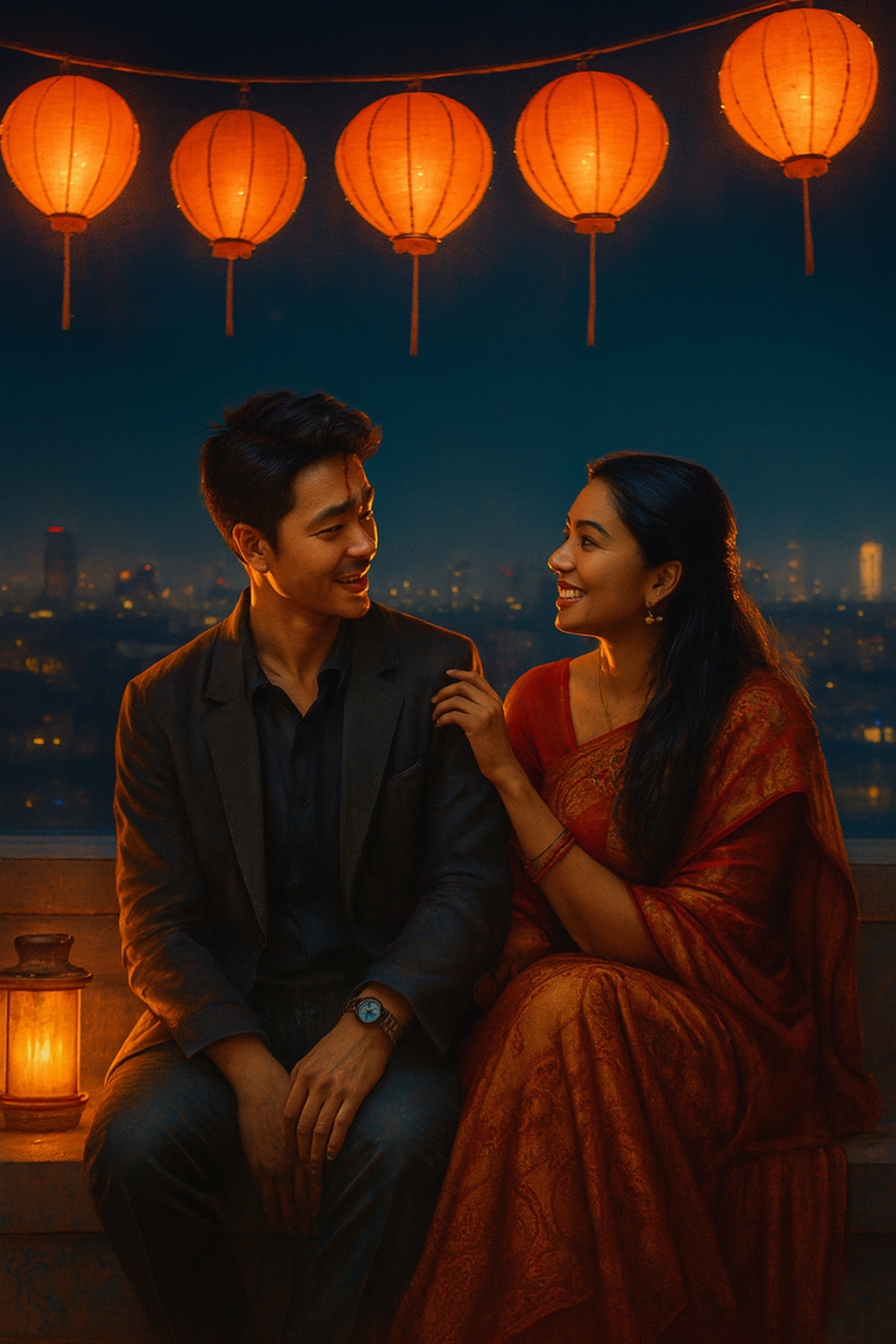 tamil-rooftop-couple-red-saree-lanterns-night.