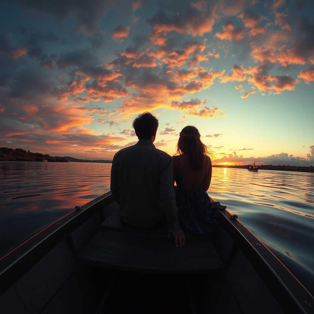 Two couples sitting in a boat at sunset