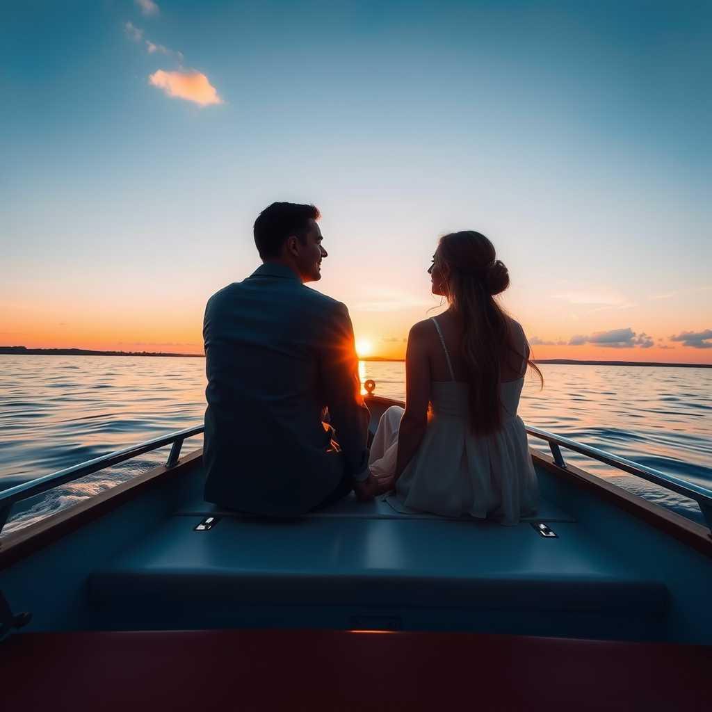 Two couples sitting in a boat at sunset