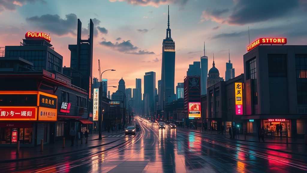 A futuristic city skyline at twilight