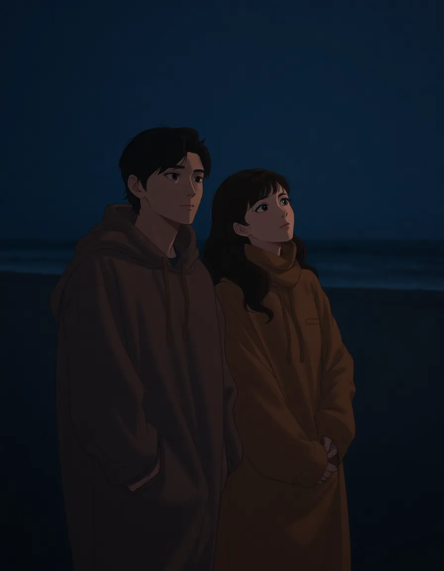 Anime Couple stand in beach