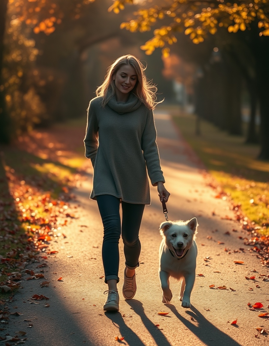 woman and a small white dog walking down