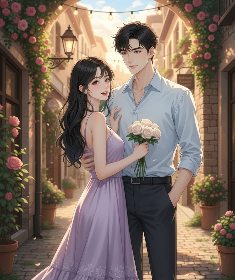 romantic-couple-flower-alley-golden-hour-illustration