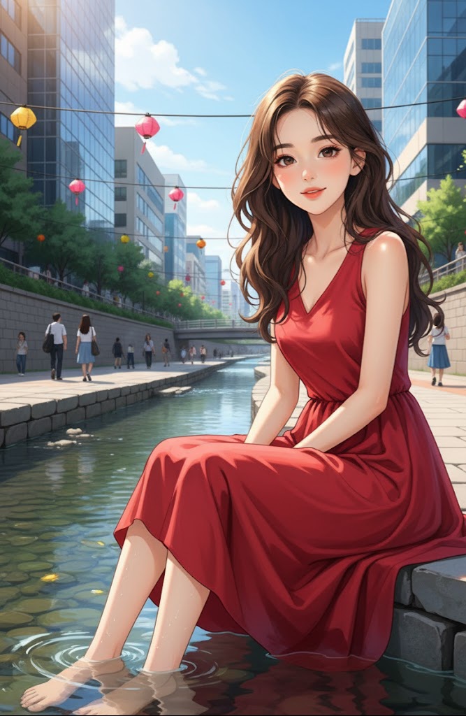 woman-red-dress-feet-in-city-stream-seoul