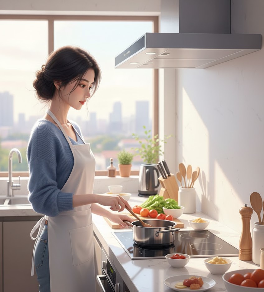 woman-cooking-modern-kitchen-city-view