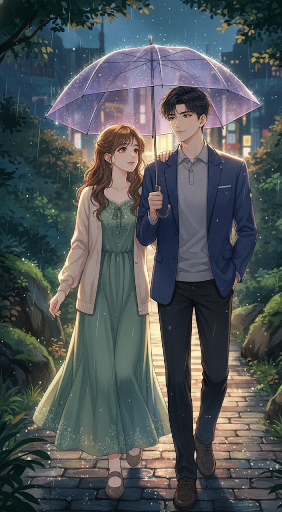 romantic-couple-rainy-walk-city-park