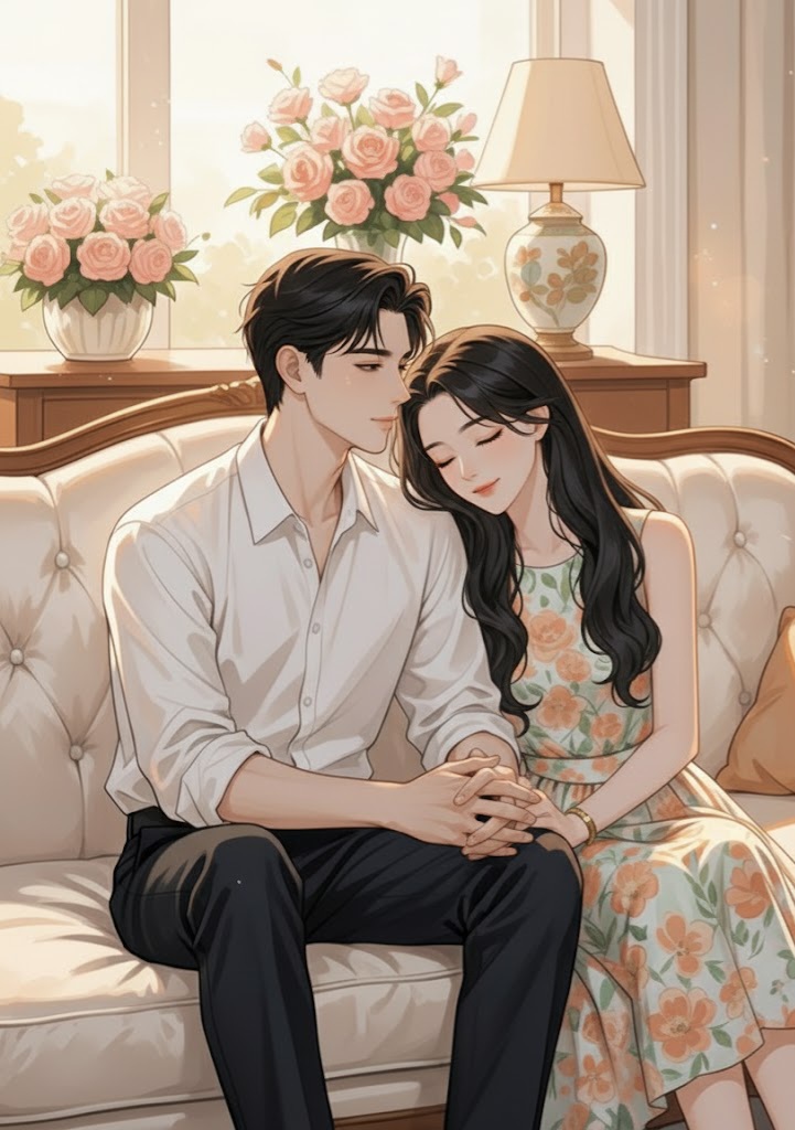 romantic-couple-cuddling-sofa-roses