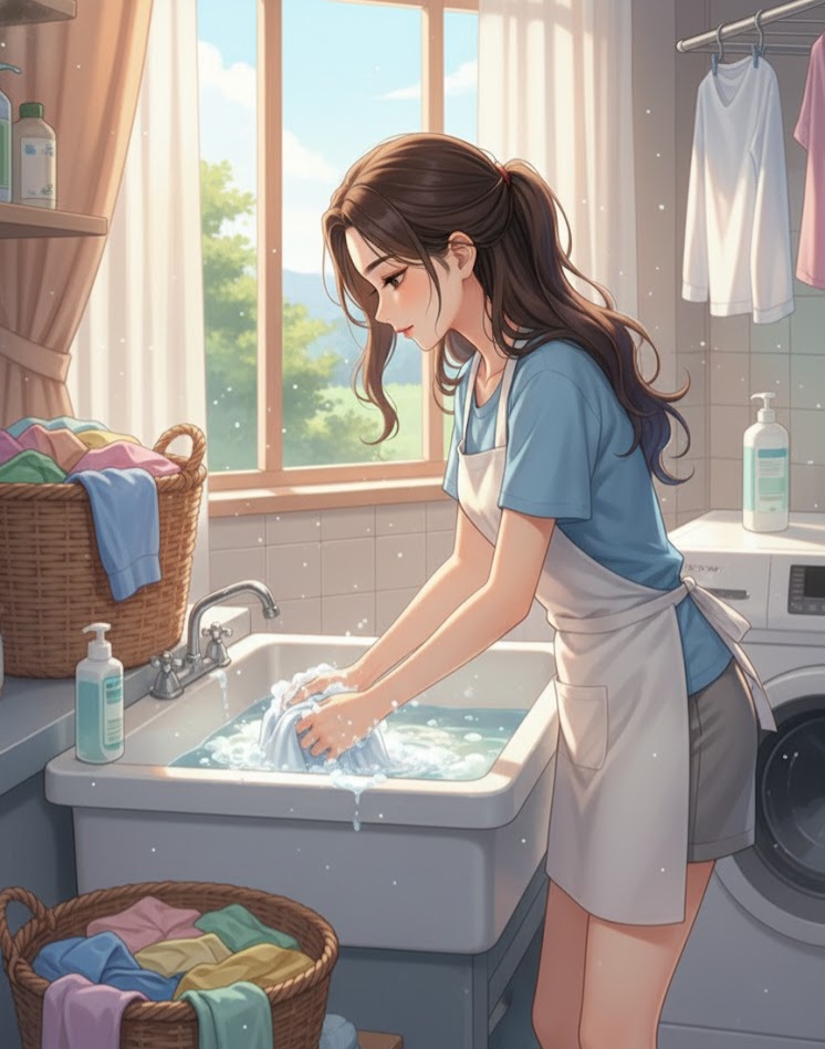 anime-girl-hand-washing-laundry-sunlit-room