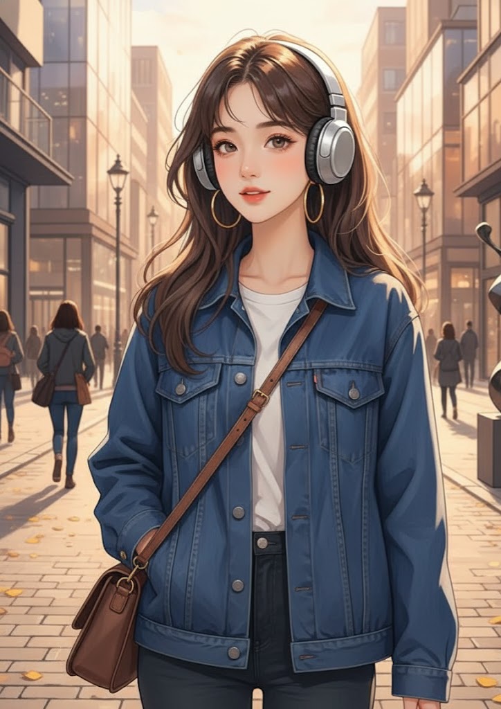 street_style_denim_jacket_headphones_woman